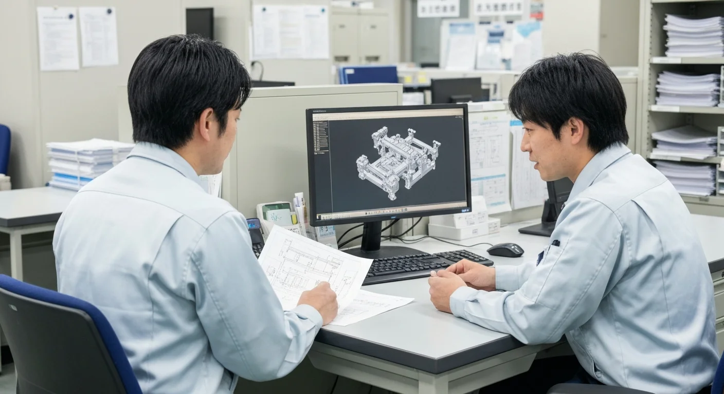 設計図面を広げて産業機械の仕様を打ち合わせる技術者の手元