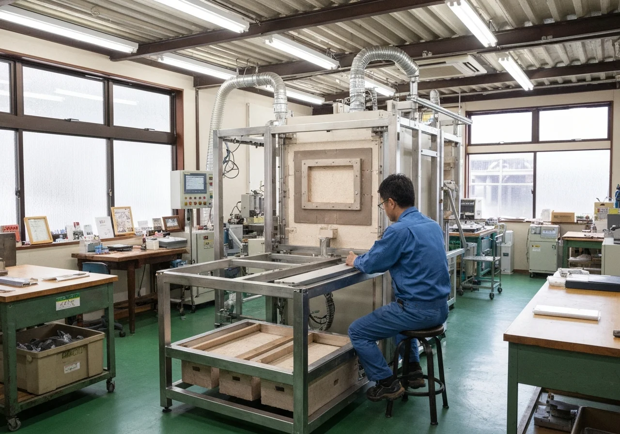 加工機の前で切断後の部材寸法を確認している作業風景