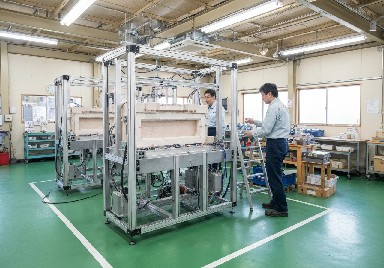 組立と配線が終わった産業用装置の動作確認を行う現場