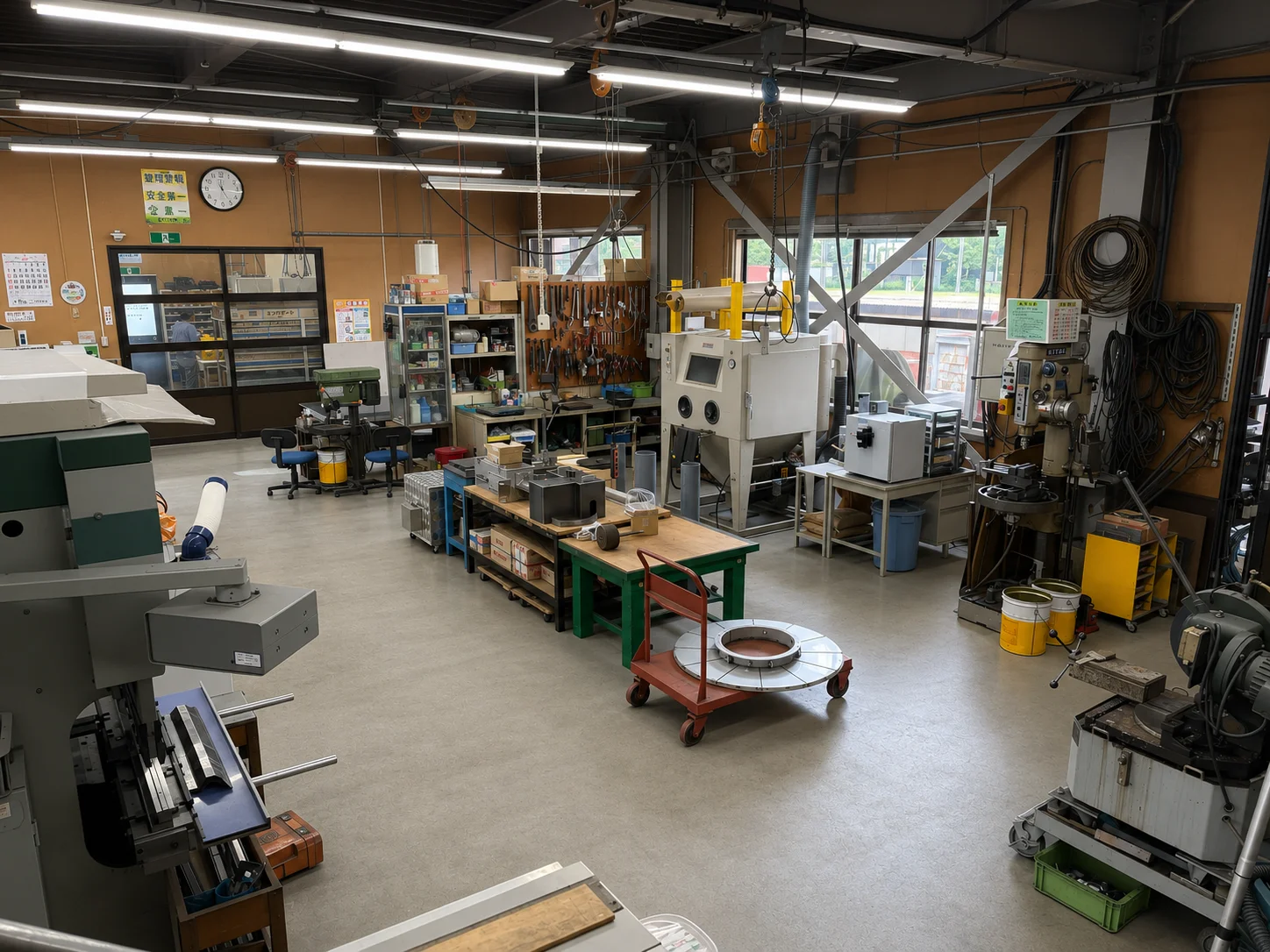 加工機や作業台、工具が並ぶ工場内の作業スペースを見渡した様子